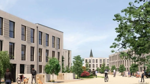 A CGI of apartment blocks, with pedestrians outside and trees lining the streets in Cheltenham