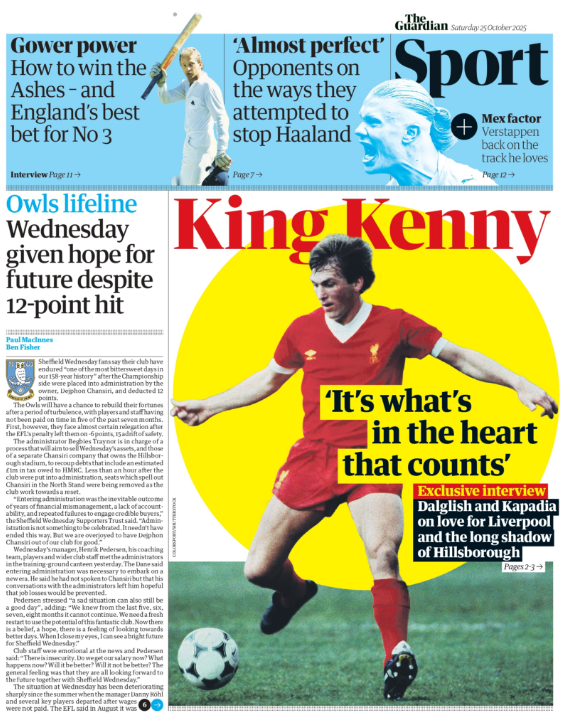 Guardian back page: 'Wednesday given hope for future despite 12-point hit'