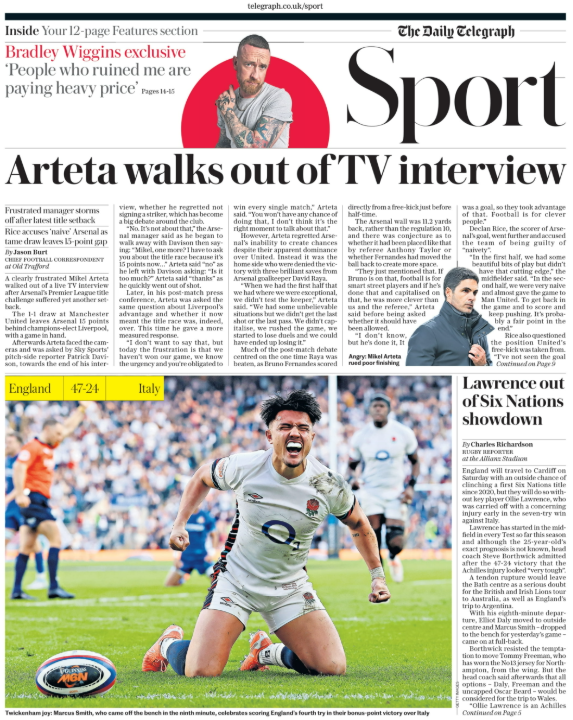 Lead sport page of the Daily Telegraph on 10 March 2025