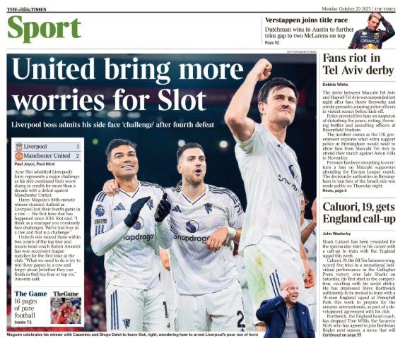 Times back page: 'United bring more worries for Slot'