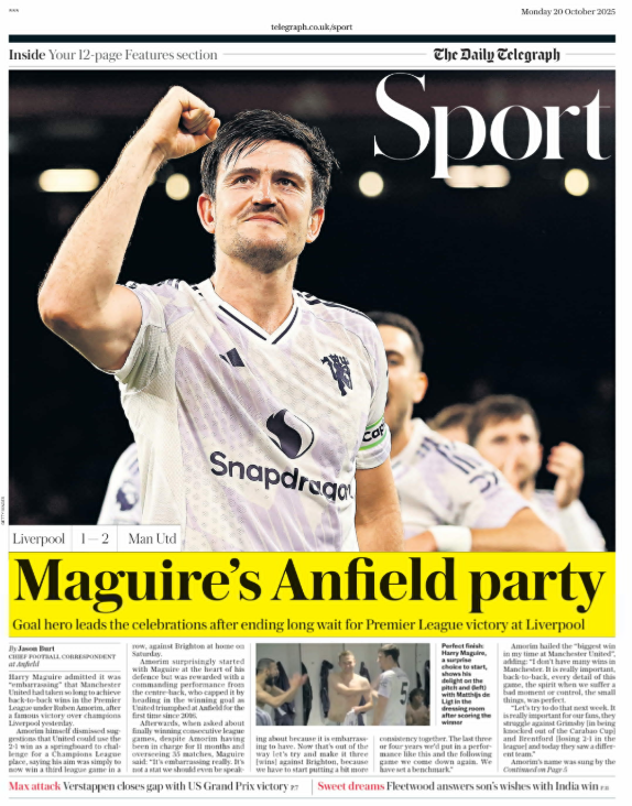 Telegraph back page: 'Maguire's Anfield party'