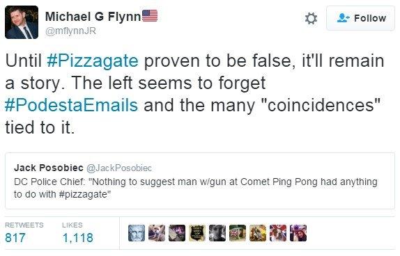 Tweet: Until #Pizzagate proven to be false, it'll remain a story. The left seems to forget #PodestaEmails and the many "coincidences" tied to it.