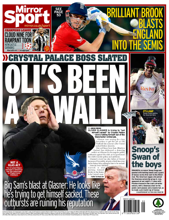 Mirror back page: 'Oli's been a wally'