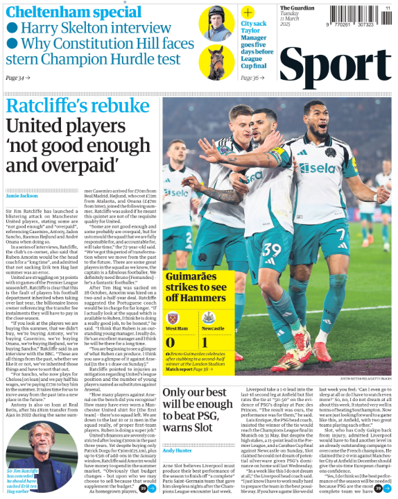 Lead sport page page of the Guardian on 11 March 2025