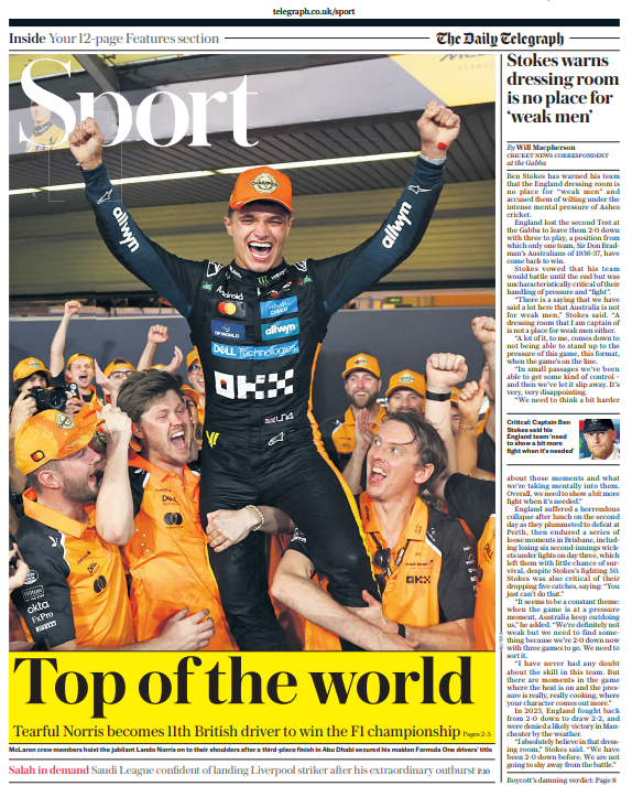 Telegraph back page: 'Top of the world'