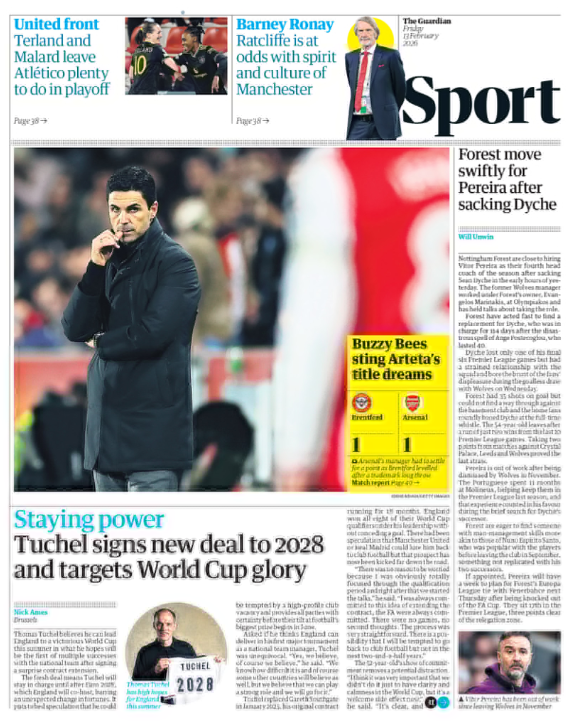 Guardian back page: 'Buzzy Bees sting Arteta's title dreams'