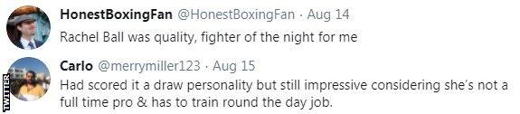 Boxing fans pay tribute to Rachel Ball after the social worker beat Shannon Courtenay. One fan said she was the "fighter of the night"