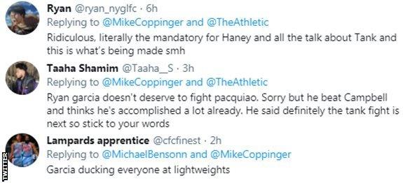 Boxing fans on Twitter criticise Ryan Garcia for pursuing a fight with Manny Pacquiao, with one fan saying he is "ducking everyone at lightweight'