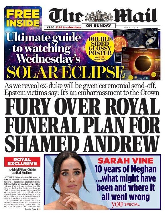 The headline on the front page of the Daily Mail reads: “Fury over Royal funeral plan for shamed Andrew”.