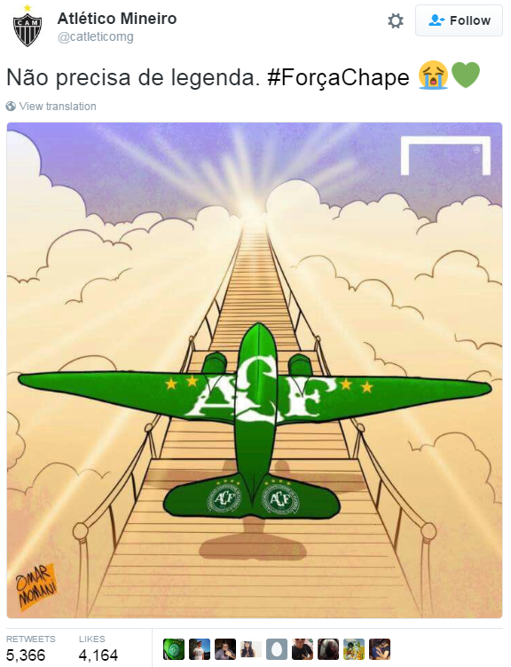 "You don't need a caption" tweets @AtleticoMineiro along with a picture of a plane with Chapecoense's logo taking off toward a light