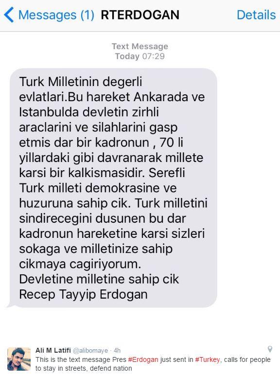 An LA Times reporter was among those who tweeted the text from Mr Erdogan