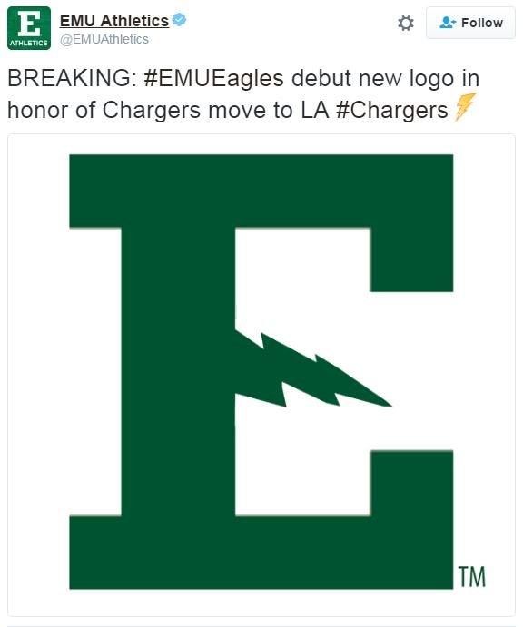 EMU Eagles' new logo featuring a bolt in the middle of the letter