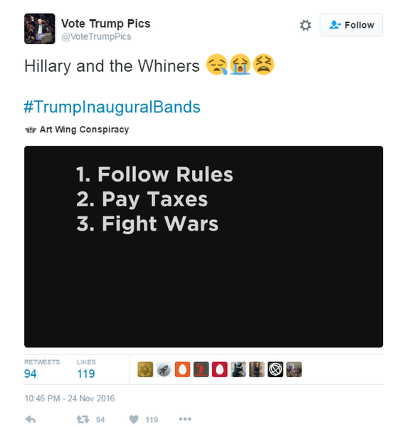 Tweet: Hillary and the Whiners #Trump Inaugural Bands