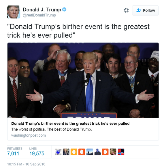 Tweet: "Donald Trump's birther event is the greatest trick he's ever pulled." Article by the Washington Post