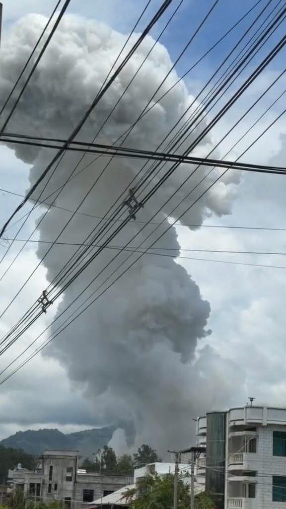 A huge plume of smoke rises over a village. 