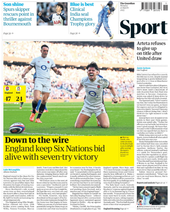 Lead sport page of the Guardian on 10 March 2025