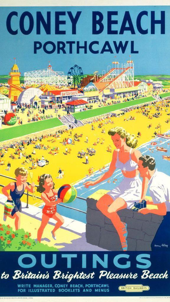 A poster produced for British Railways to promote train services to Coney Beach, Porthcawl. 
