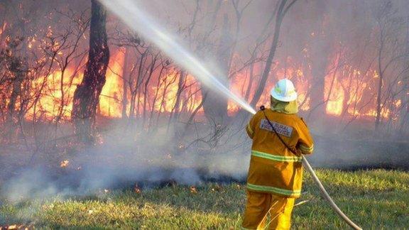 NSW Rural Fire Service worker sprays water on a bush fire at Green Point in New South Wales on 8 January 2013