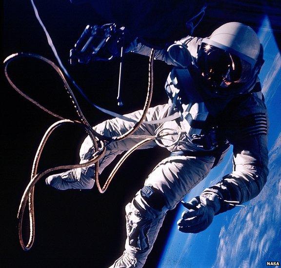 Ed White on the first United States Spacewalk on 3 June 1965 during the Gemini 4 mission.