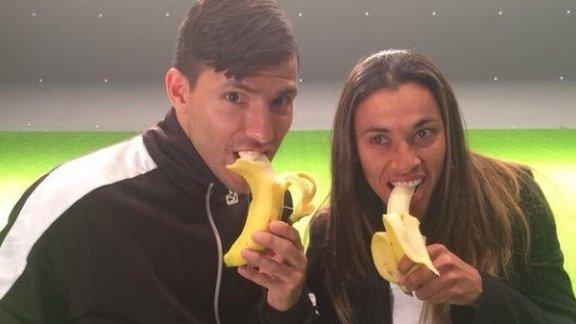 Manchester City's Sergio Aguero and Brazil footballer Marta