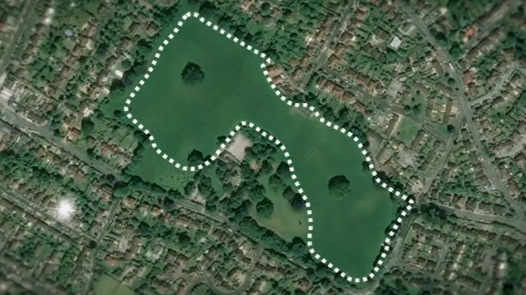 An aerial view of Stoke Lodge playing fields with a graphic showing its parameter