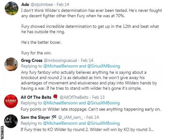 A screengrab of a selection of tweets, with some saying Tyson Fury will win and others saying Deontay Wilder will come out on top