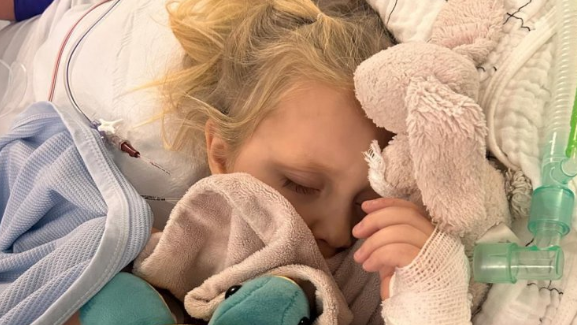 Graycen is sleeping in her hospital bed as she holds a cuddly turtle and her bunny is by her head. She has bandages on her hands and a breathing tube is by her head.