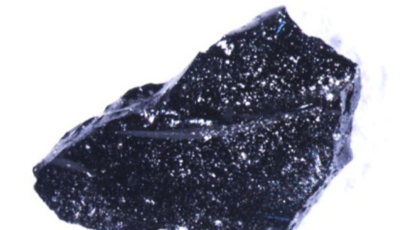 A picture of a fragment of the glass brain. It's a jagged, irregular-shaped chunk of bluish-black glass with little white specks, in this picture set against a white background.