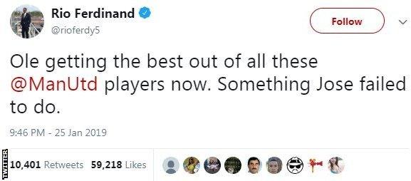 Tweet from Rio Ferdinand saying 'Ole getting the best out of all these Man Utd players now. Something Jose failed to do'