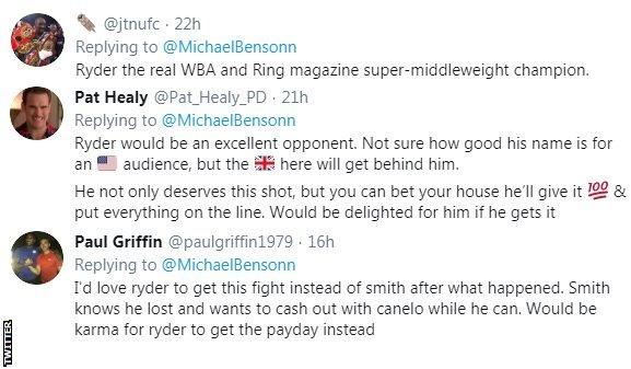 Boxing fans on Twitter saying they'd like to see John Ryder get his short at Saul 'Canelo' Alvarez. One fan says the British will get behind him if he does fight the Mexican