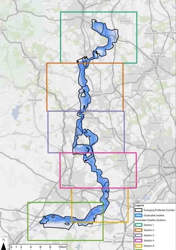 Diagram showing where the pylons would be installed - from Chesterfield to Willington in South Derbyshire