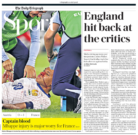 Lead sport page of the Daily Telegraph on 18 June 2024