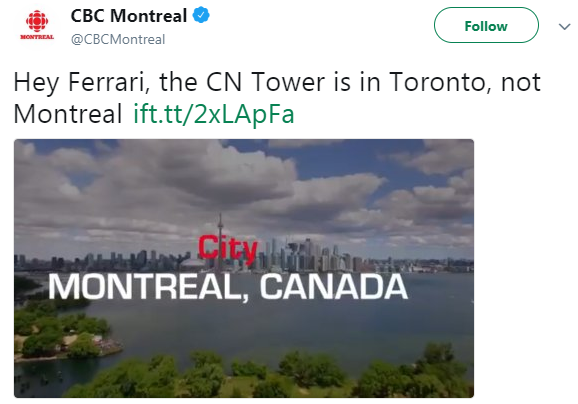 CBC Montreal tweet to Ferrari