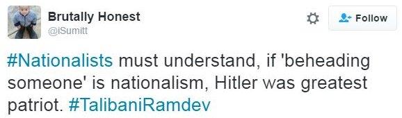 Tweet comparing Ramdev's remarks to Hitler