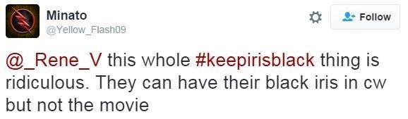 Tweet: "This whole #KeepIrisBlack thing is ridiculous. They can have their black Iris in CW but not the movie."