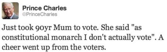 Prince Charles parody tweet about taking Queen to vote