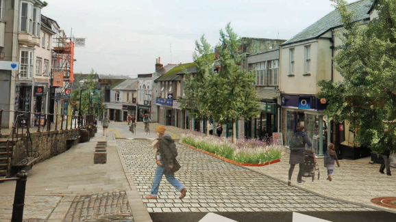 An artist's impression of flowerbeds, trees and speedbumps on cobbled roads in Penzance Market Jew Street