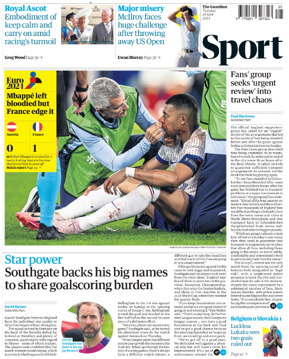 Lead sport page of the Guardian on 18 June 2024