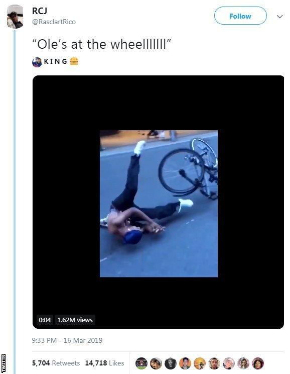 Tweet saying 'Ole's at the wheel' with a person falling off a bike