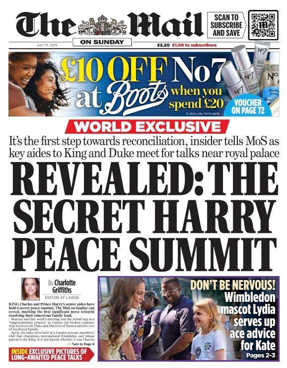 The headline on the front page of the Mail on Sunday reads: "Revealed: The secret Harry peace summit".