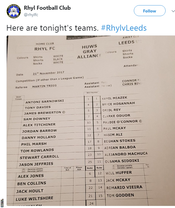 Rhyl v Leeds team sheet