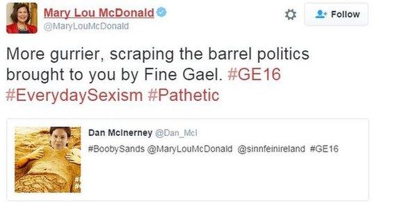 Mary Lou McDonald: "More gurrier, scraping the barrel politics brought to you by Fine Gael. #GE16 #EverydaySexism #Pathetic"