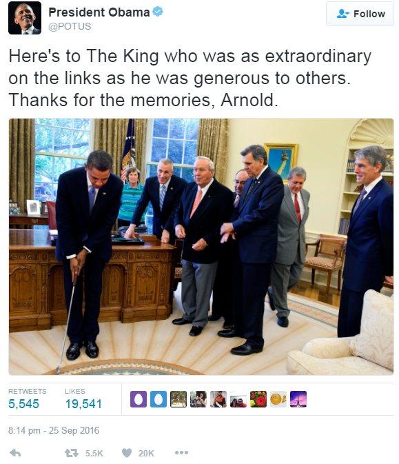 Tweet from Barack Obama reading: "Here's to The King who was as extraordinary on the links as he was generous to others. Thanks for the memories, Arnold."