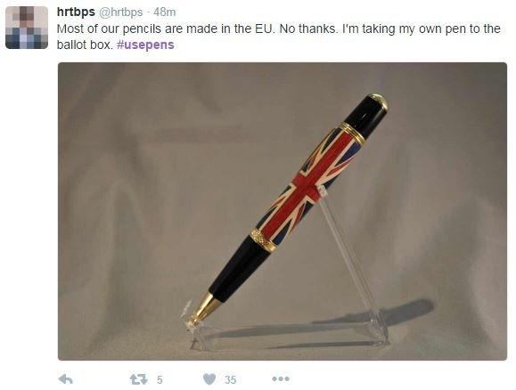 Tweet reads 'most of our pencils are made in the EU. No thanks. I'm taking my own pen to the ballot box. #usepens