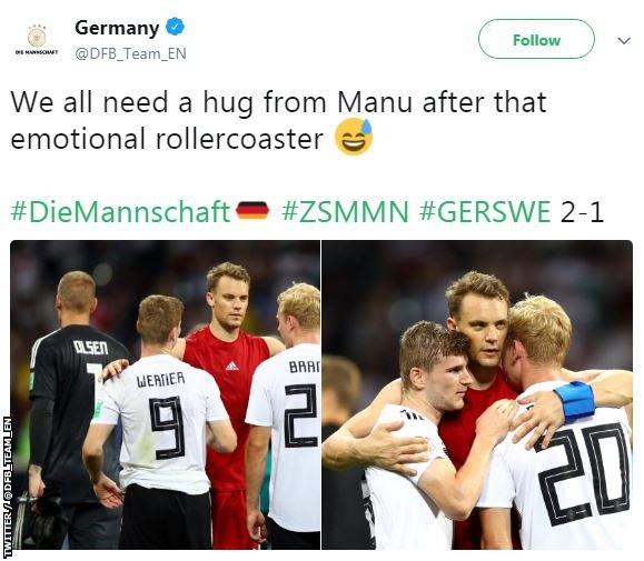 A tweet from the Germany national team reading: "We all need a hug from Manu after that emotional rollercoaster"