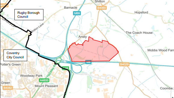 The proposed site on a map. The site is shown in red and above it is the word 'Ansty'. It is next to the M6 and other place names are around it. 