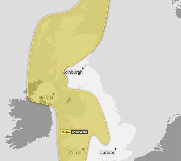 The Met Office's yellow weather warning for snow and ice on Saturday