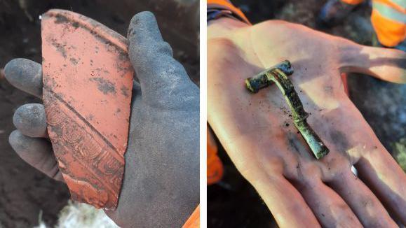 Roman pottery and jewellery found at the dig site