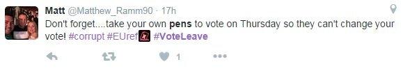 Tweet reads: Don't forget take your own pens on Thursday so they can't change the vote.