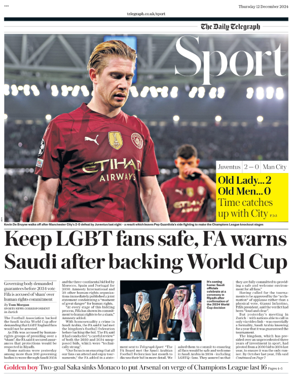 Thursday's Telegraph sport page